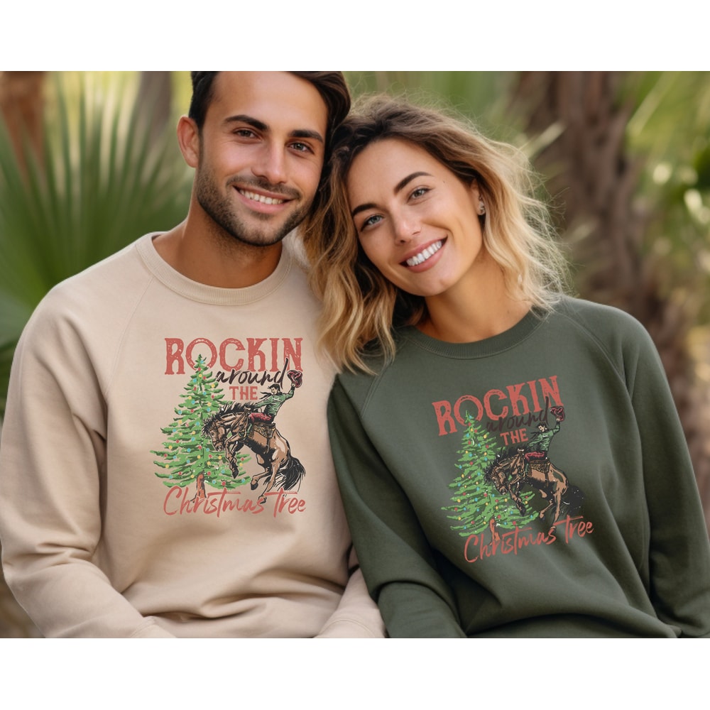 Rockin' Around The Christmas Tree Sweatshirt, Retro Christmas Western Sweatshirt, Cowboy Christmas Sweatshirt, Christmas Gift, Family Shirt.jpg
