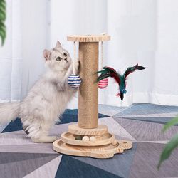 Solid Wood Cat Turntable Toy - Durable Sisal Scratching Board Tower for Funny Cat Play