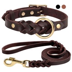 Genuine Leather Dog Collar Leash Set | Braided, Durable | For Medium-Large Dogs