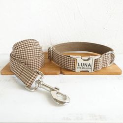 Custom Fiber Coffee Brown Pet Collar with Nameplate - Personalized ID Tag for Cats & Dogs
