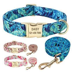 Custom Floral Dog Collar & Leash Set - Personalized Pet ID Collar for Small, Medium, Large Dogs
