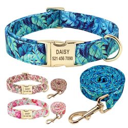 custom floral dog collar & leash set - personalized pet id collar for small, medium, large dogs