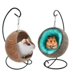 Coconut Shell Hammock Nest Bed for Small Pets with Stand - Cage Accessories