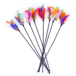 fun interactive cat teaser toy rod with bell and feather - 5pcs