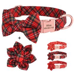 Red Plaid Christmas Dog Collar: Personalized with Bowknot & Engraved ID Tag