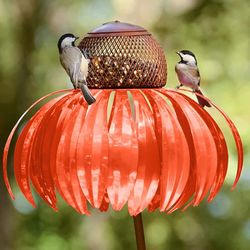 Bird Feeder Bottle & Stand: Metal Flower Outdoor Decoration - Pink Coneflower Accents