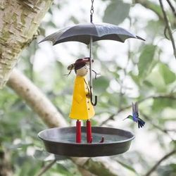 Metal Bird Feeder: Girl with Umbrella Tray for Outdoor Garden