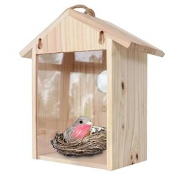 Birdhouse: Weatherproof Wood Nest with Perch & Transparent Rear