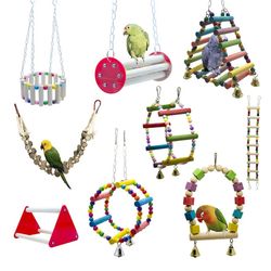 Small Parrot Toys Set: Swing, Chew, Train - Hanging Hammock, Bell Perch, Ladder