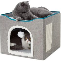 Double Layered Foldable Large Cat Bed with Hanging Fluffy Ball & Scratch Pad