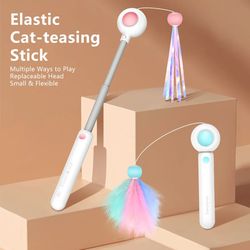 freely retractable cat teaser stick with replaceable feather toy head