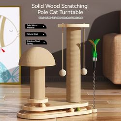 Solid Wood Pet Cat Turntable Scratch Pillar with Sisal Climbing Frame & Toy Balls