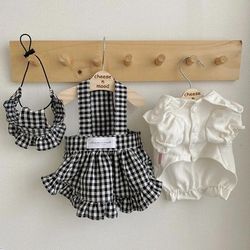 Summer Pet Outfit: Plaid Striped Suspender Skirt & Hat Set for Small Dogs