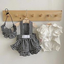 summer pet outfit: plaid striped suspender skirt & hat set for small dogs