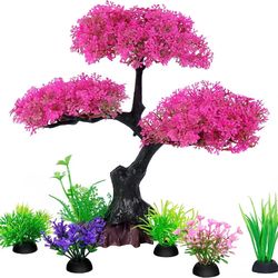 Aquarium Artificial Plants: Pink Cherry Blossom Tree & Grass DEcor Set