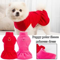 High Collar Fleece Pet Dress for Small Dogs: Solid Color Princess Pullover with Pockets