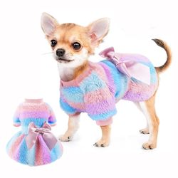 Rainbow Stripe Plush Princess Dog Dress | Small Dog Winter Clothes