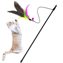 interactive cat teaser toy rod with bell and feather - fun pet stick wire chaser wand in random colors