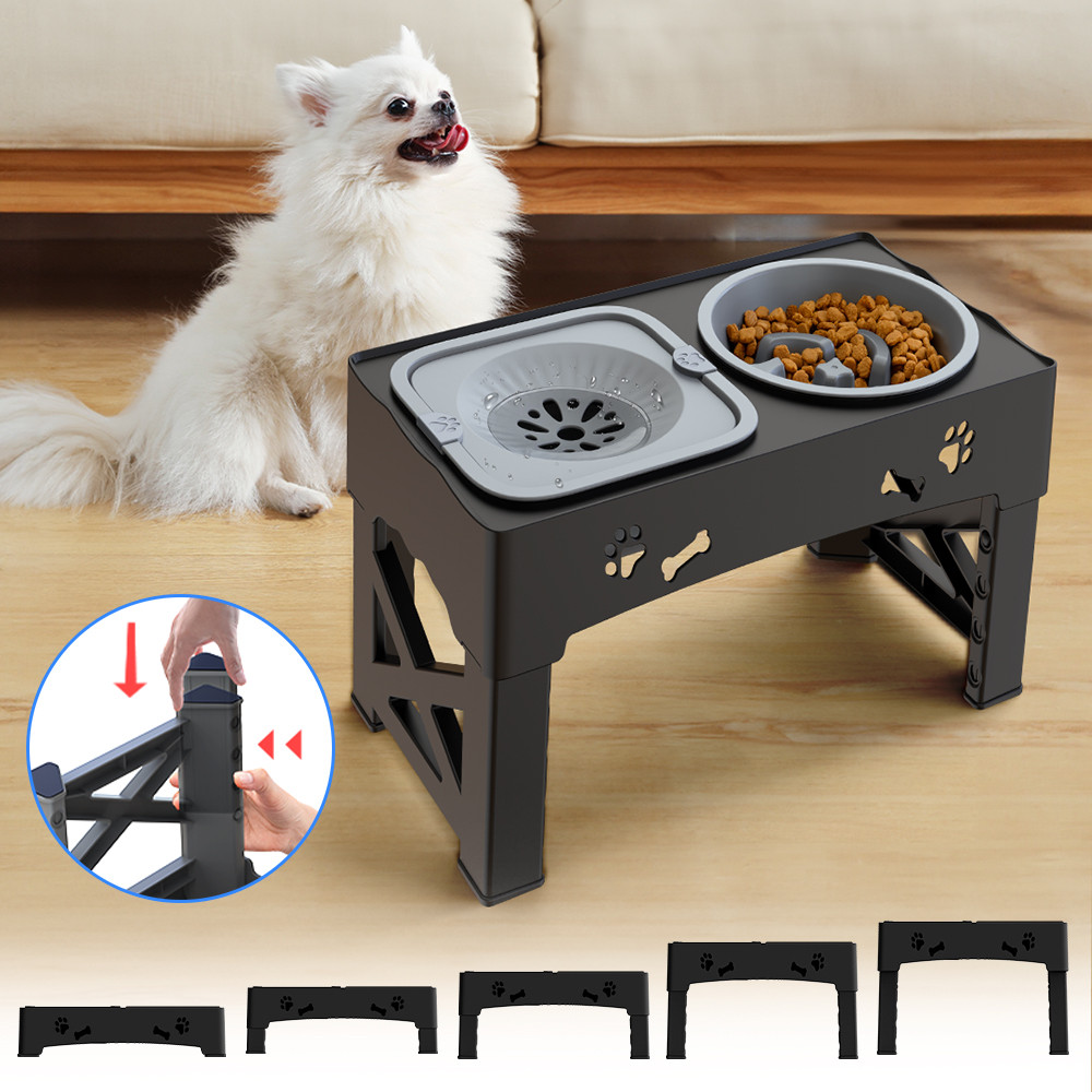 Adjustable Height Pet Feeder Slow Feed Double Bowl for Cats & Dogs