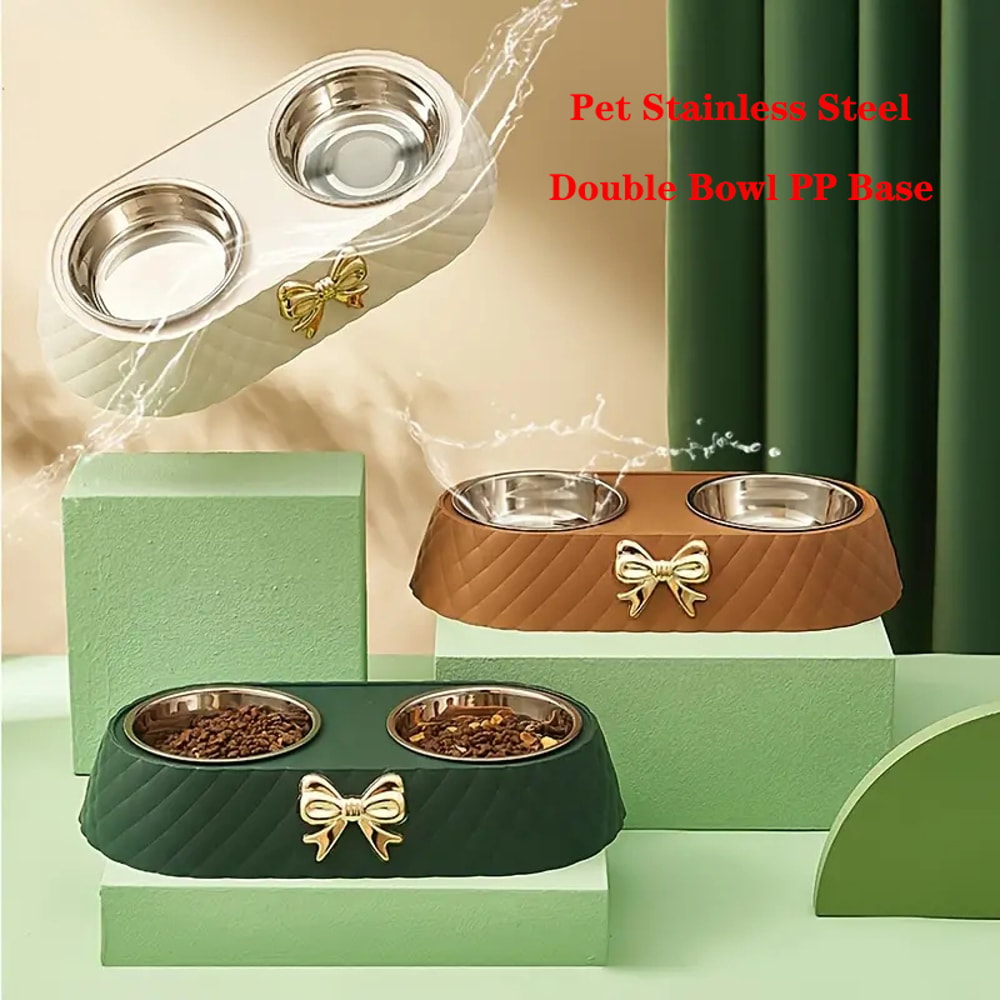 Pet Supplies Bow tie Bowknot Cats Food Bowl PP Base Dog Bowl Stainless Steel Double Pet Accessories Feeding Drinking Dou