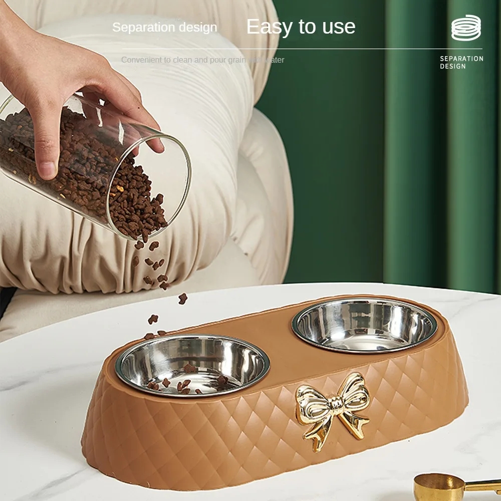 Pet Supplies Bow tie Bowknot Cats Food Bowl PP Base Dog Bowl Stainless Steel Double Pet Accessories Feeding Drinking Dou