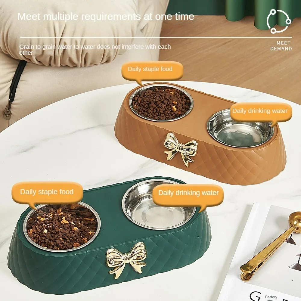 Pet Supplies Bow tie Bowknot Cats Food Bowl PP Base Dog Bowl Stainless Steel Double Pet Accessories Feeding Drinking Dou