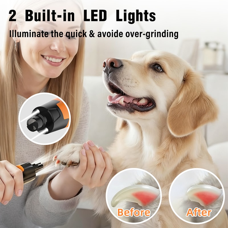 6 Speed Quiet Dog Nail Grinder with Dual LED Lights & Rechargeable Power