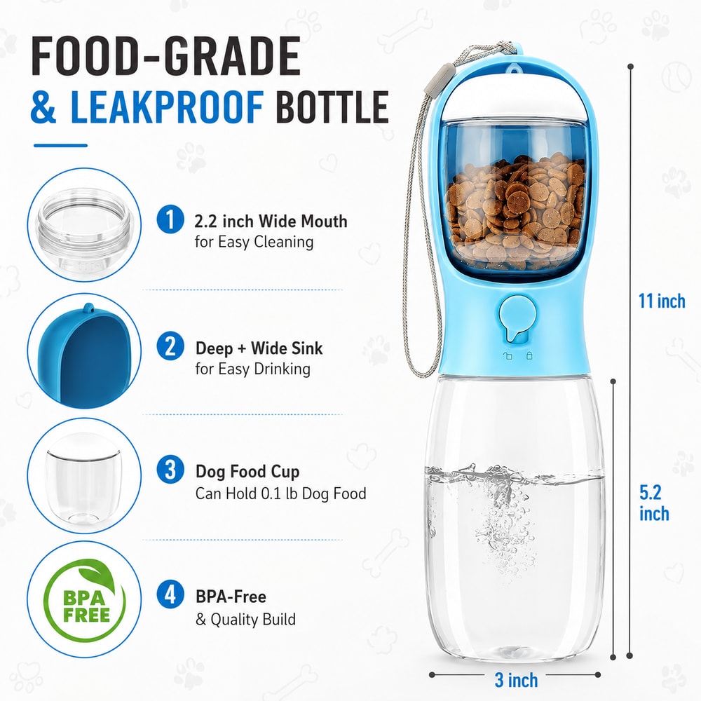 Portable Pet Travel Water Bottle & Food Dispenser 3 n 1 Leakproof Bowl