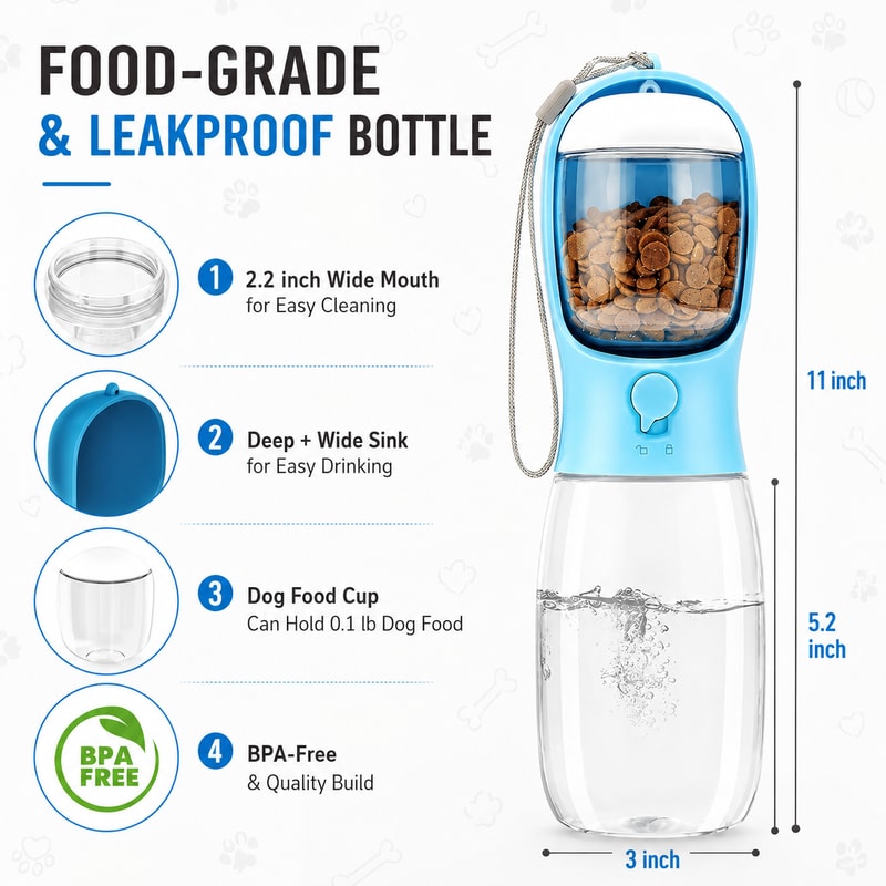 Portable Pet Travel Water Bottle & Food Dispenser 3 n 1 Leakproof Bowl