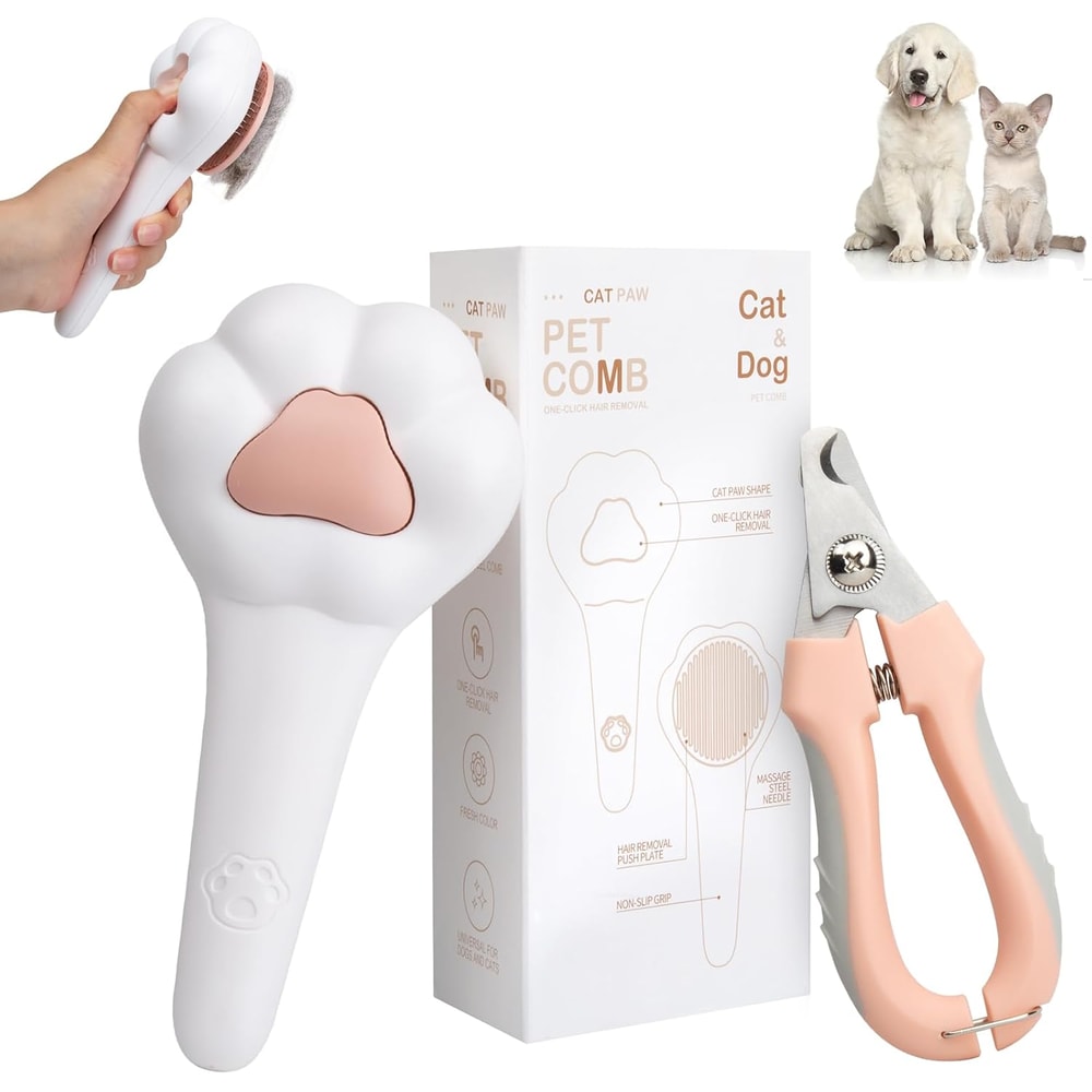 PurrEase Self Cleaning Cat Brush & Safety Nail Clipper Grooming Kit