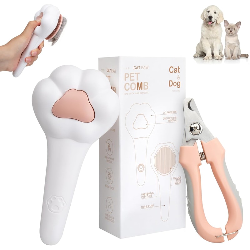 PurrEase Self Cleaning Cat Brush & Safety Nail Clipper Grooming Kit