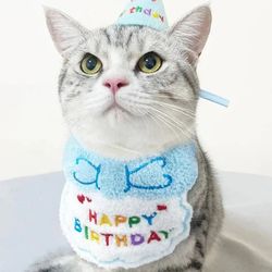 Pet Birthday Outfit: Cat Dog Bib & Party Hat with Adjustable Bandana Scarf