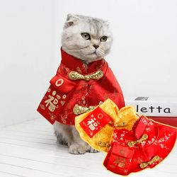 Chinese Style Pet Costume for Cat & Dog: Spring Festival Cape, Red Envelope Collar, Bow Tie