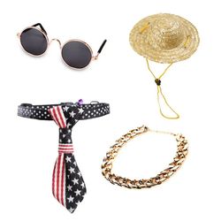 Cool Pet Dog Costume Fashion Sunglasses Chain Collar Straw Hat Tie Set