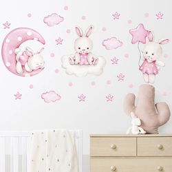 Baby Girls Room Wall Stickers: Pink Rabbit Decals for Bedroom Decoration
