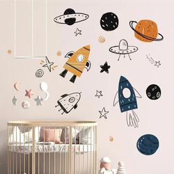 Hand Painted Watercolor Rocket Planet Wall Stickers for Kids Room Decor