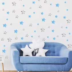 Watercolor 56 Dots Blue Grey Stars Wall Stickers for Kids Bedroom