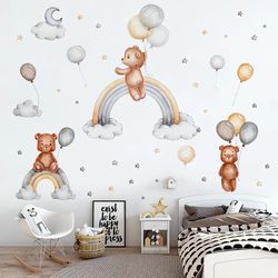 Cute Bear Rainbow Balloon Wall Stickers for Kids' Room Decor