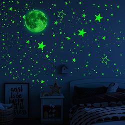 luminous moon star wall sticker set - glow in the dark fluorescent art decals for home, kids bedroom ceiling decoration