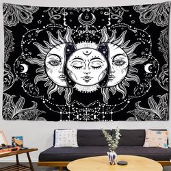 White Black Sun Moon Tapestry Wall Hanging Hippie Dorm Decor