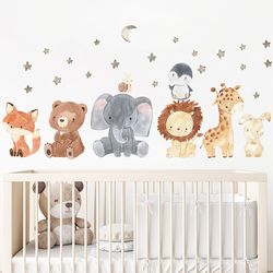 Watercolor Cute Africa Animals Wall Stickers for Kids Room - Elephant Giraffe Bear Fox Decorative Decals