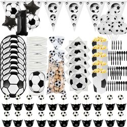 Football Theme Disposable Tableware Set for Sporty Boy Birthday Party & Baby Shower: Soccer Pattern Cups, Plates, Straws