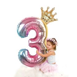 2pcs 32-inch rainbow number foil balloons with crown for kids' 1st birthday party decorations - rose gold figures globos