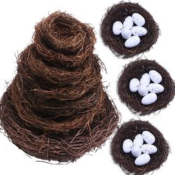 8-25cm Round Rattan Bird Nest Easter Decoration: Bunny Eggs & Artificial Vine Nest for Home Garden Decor - Happy Easter