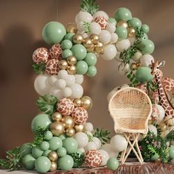 jungle safari green balloon garland arch kit for kids birthday party & baby shower decoration with deer pattern & gold l