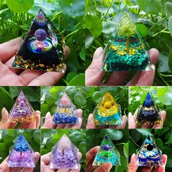 orgone pyramid energy generator: amethyst, peridot, reiki chakra meditation tool - room decor & christmas gifts