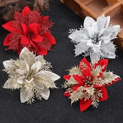 5pcs 14cm Christmas Flowers: Glitter Artifical Ornaments for Xmas Tree Decoration - Navidad New Year Deco