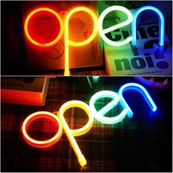 colorful led neon open sign: lighted decor for window bar, pub, hotel, coffee shop - night light glowing letter lights