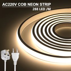 COB LED Neon Strip Light: Waterproof 220V EU/UK Plug, 288LEDs/m RA90 Flexible Tape for Outdoor Garden, Kitchen, Bedroom