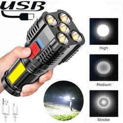 Waterproof USB Rechargeable Flashlight: 5 LEDs Spotlight with 4 Lighting Modes | Portable Outdoor COB Flood Light